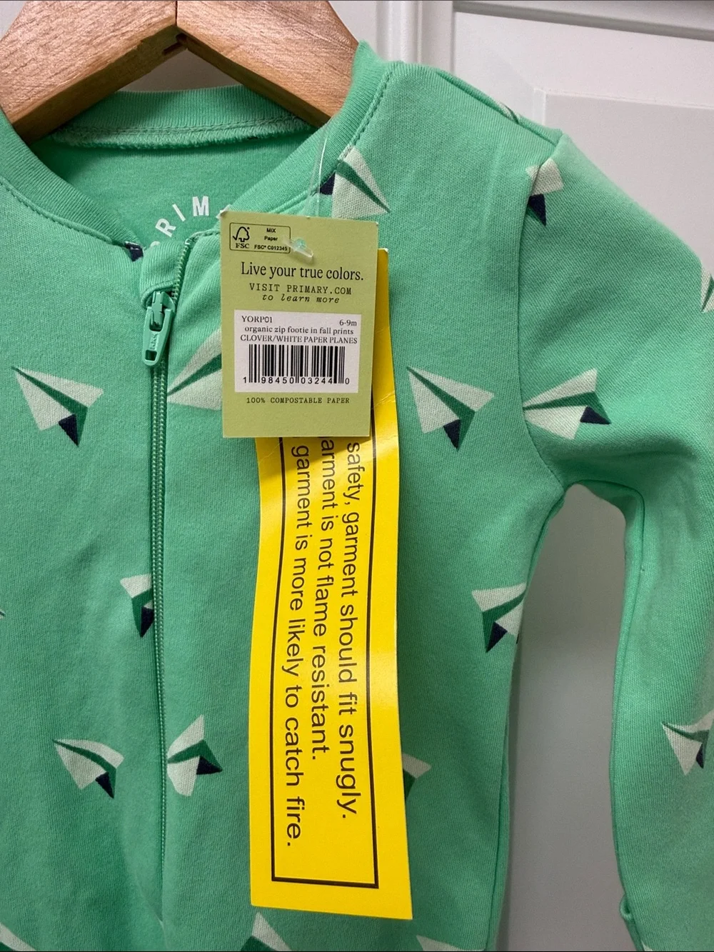 Primary Mint Green Paper Plane Footed One-Piece